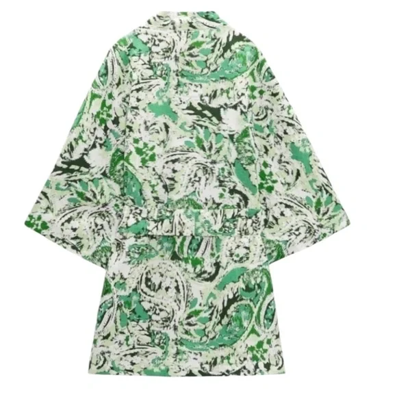 Zara Linen Blend Kimono Tie Front Mid Length Green Paisley Print Size Med/Large - Picture 6 of 16